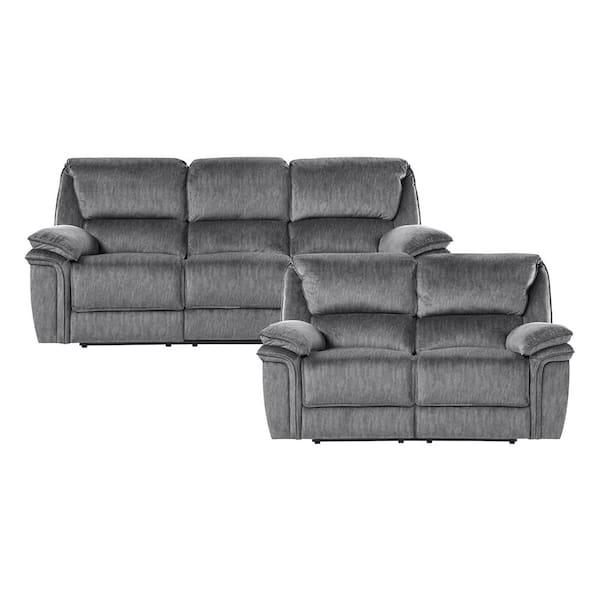 Lazzara Greerman 88.5 in. W. Pillow Top Arm Microfiber Rectangle 2-Piece Manual Reclining Sofa Set in Gray