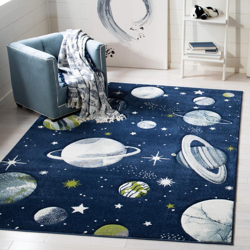 Navy and Ivory Space-Themed Kids Rectangular Rug