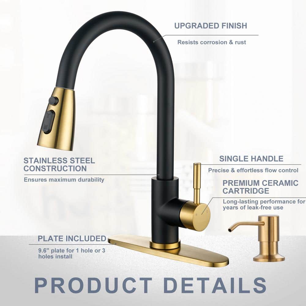 Matte Black and Gold Stainless Steel Pull Down Kitchen Faucet
