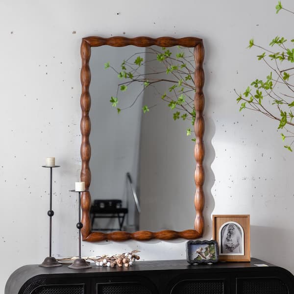 Brown 36.02 in W x 24.02 in H Mid-Century Modern Rectangle Wall Mirror, Solid Wood Frame Decorative Wall Mounted Mirror