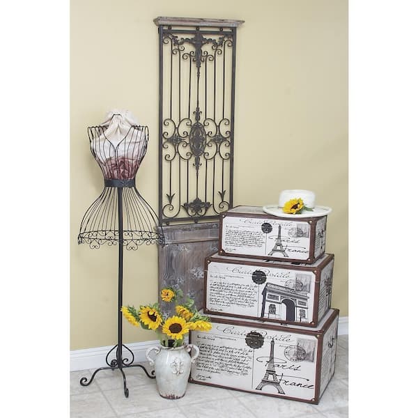 Litton Lane Wood Brown Distressed Door Inspired Ornamental Scroll Wall Decor with Metal Wire Details