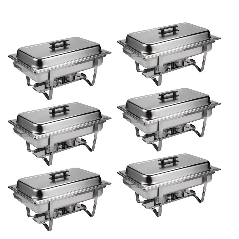 FUNKOL 9QT with Grip Foldable Frame Silver Rectangular Full Size Stainless Steel Buffet Plates for Parties, Restaurants - 6pc