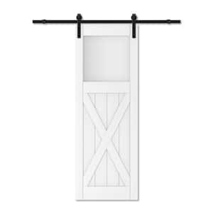 30 in. x 84 in. 1 Lite Tempered Frosted Glass with X Design White MDF Barn Door Slab with Installation Hardware Kit