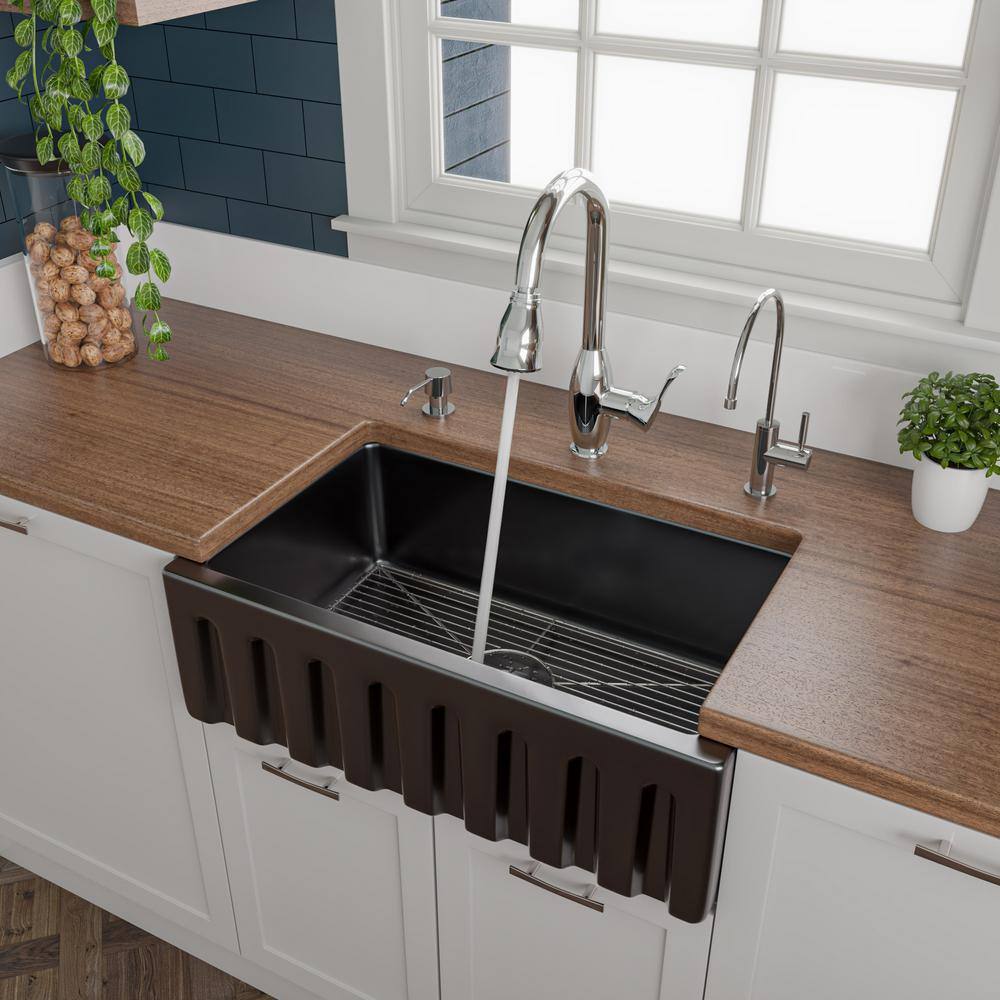 30" Black Gloss Fireclay Farmhouse Drop-in Kitchen Sink