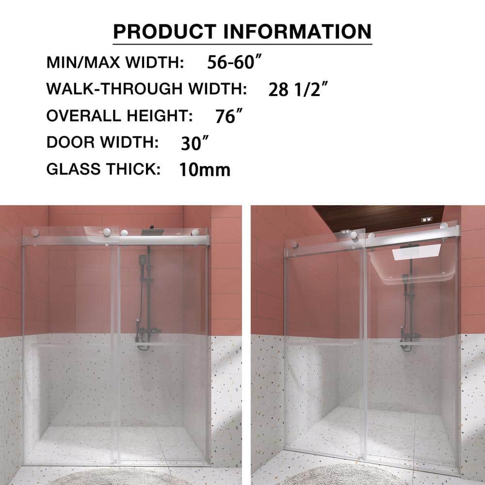 60" Chrome Frameless Double Sliding Shower Door with Clear Glass