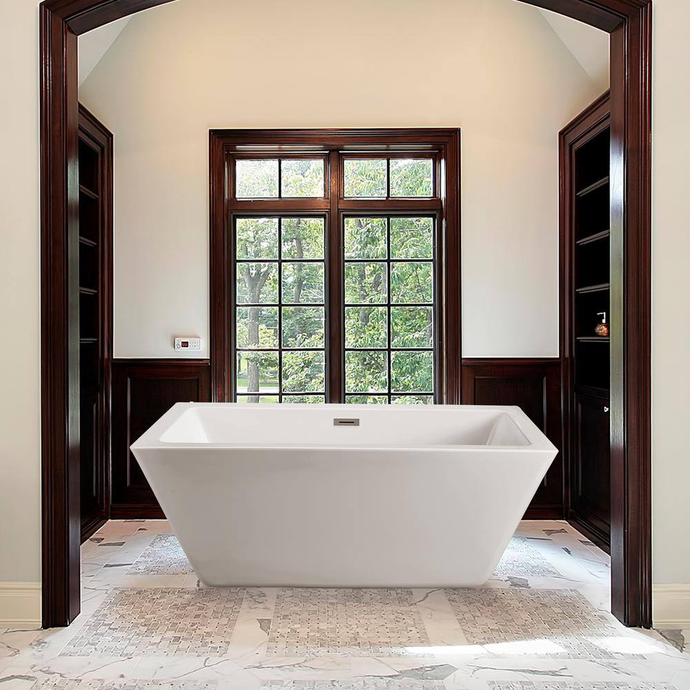 60" White Acrylic Freestanding Soaking Bathtub with Chrome Drain
