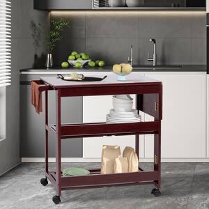 38 in.Handcrafted Rubberwood Kitchen Cart with Knife Holder, Folding Frame, 2 Slatted Shelves in Cocoa Red