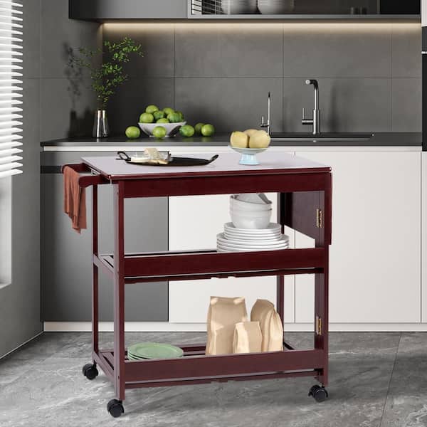 Flynama 38 in.Handcrafted Rubberwood Kitchen Cart with Knife Holder, Folding Frame, 2 Slatted Shelves in Cocoa Red