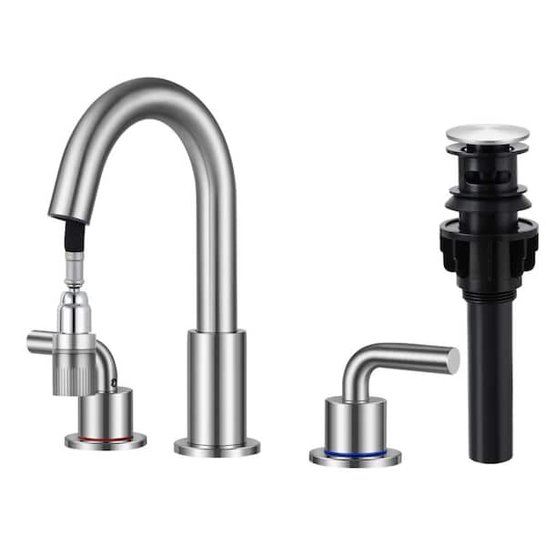 AKLFGN 8 in. Widespread Double Handle Bathroom Faucet 3-Hole with Pull Out Sprayer and Pop-Up Drain, in Brushed Nickel
