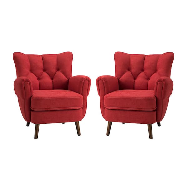 JAYDEN CREATION Emile Red Armchair with Solid Wood Legs (Set of 2)