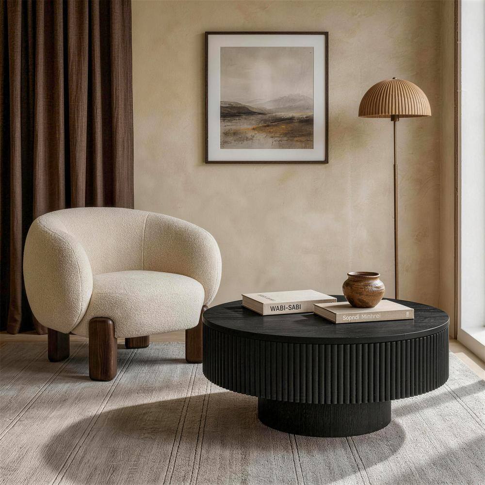 Modern Round Solid Wood Coffee Table with Fluted Design