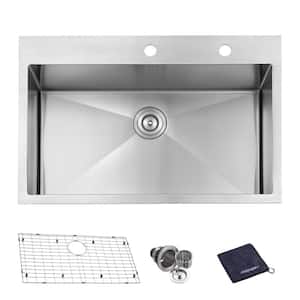 Handcrafted 16-Gauge Stainless Steel 33 in. Single Bowl Tight Radius Drop-In Kitchen Sink with Bottom Grid