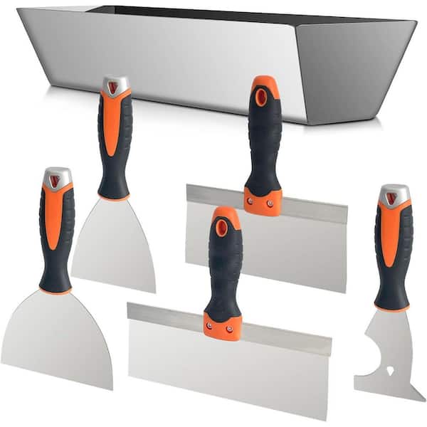 KIWDZFU 10 in. 5-Piece Stainless Steel Putty Knife Scrapers Taping Knife Kit with Mud Pan for Drywall Repair Paint Scraping