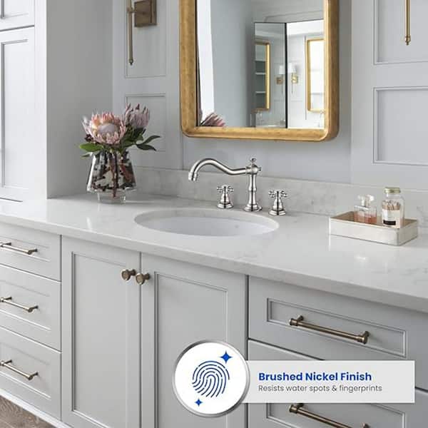 Farmhouse 8 in. Widespread Double Handle Bathroom Faucet Three Holes With Pop-up Drain Assembly in Brushed Nickel
