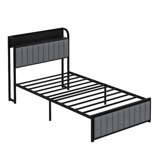 Twin Bed Frame, Gray Metal Frame Platform Bed Upholstered Headboard with Storage Charging Station, Sturdy Metal Slats