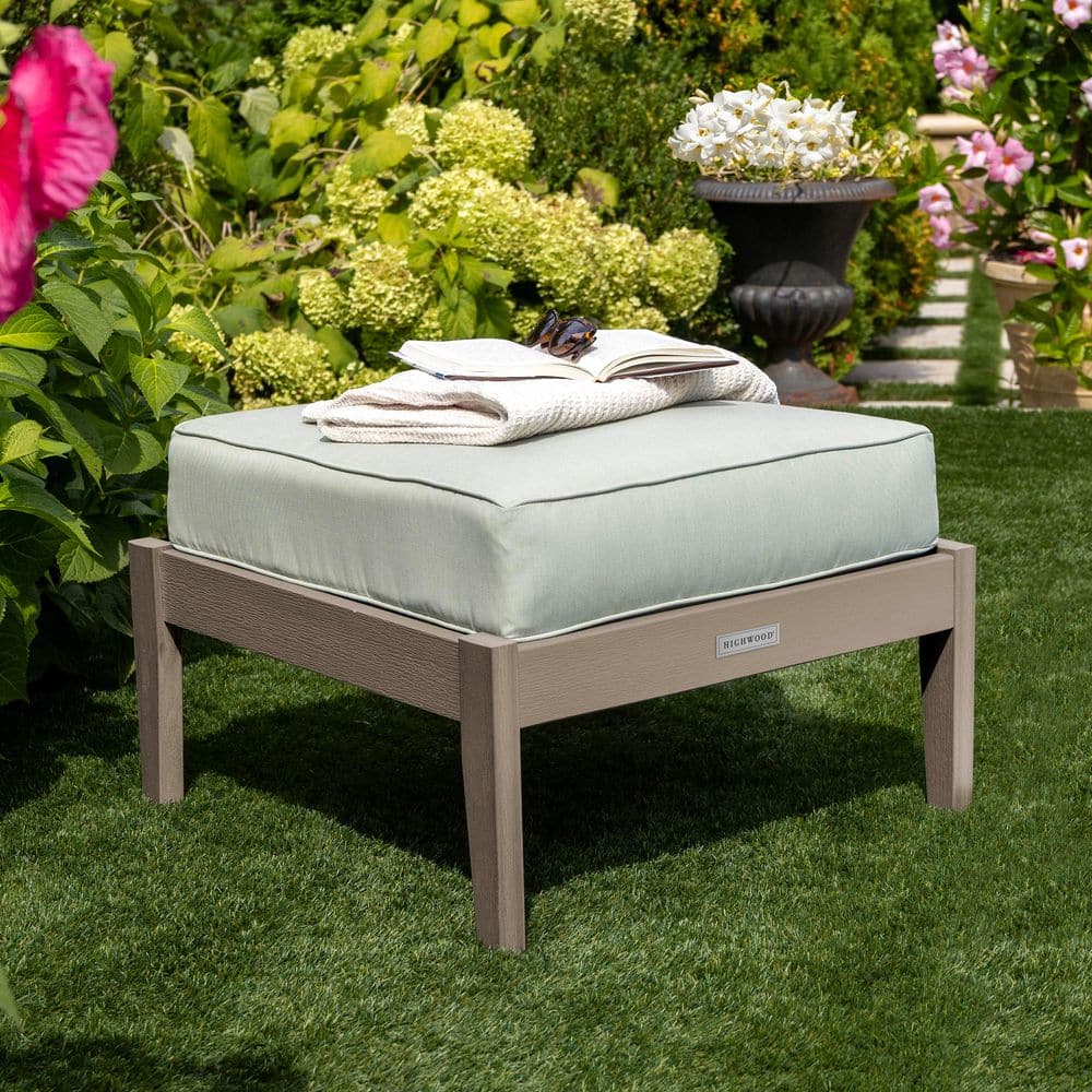Lehigh Woodland Brown Recycled Plastic Outdoor Deep Seating Ottoman with Canvas Seasalt Cushion