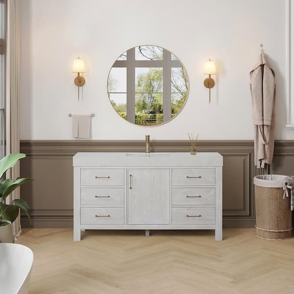 ROSWELL León 60 in. W x 22 in. D x 34 in. H Single Freestanding Bath Vanity in Washed White with White Composite Stone Top