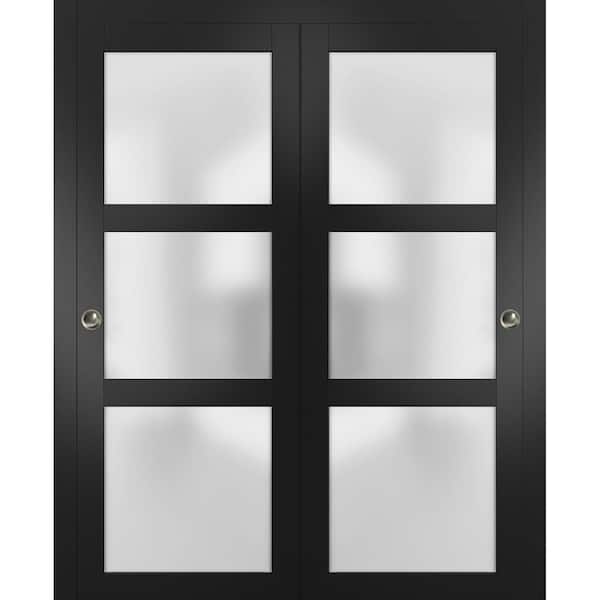 72 in. x 96 in. 3 Panel Black Finished Pine Wood Sliding Door with Closet Bypass Hardware