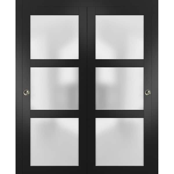 Sartodoors 84 in. x 96 in. 3 Panel Black Finished Pine Wood Sliding Door with Closet Bypass Hardware