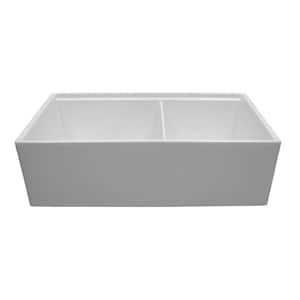 Maxwel White Fireclay 33 in. Double Bowl Farmhouse Apron Kitchen Sink with Accessory Ledge