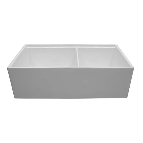 Barclay Products Maxwel White Fireclay 33 in. Double Bowl Farmhouse Apron Kitchen Sink with Accessory Ledge