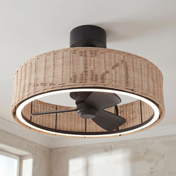 Kalani 24 in. Indoor Black and Rattan 8 Steps CCT 18.7 in. Integrated LED Ceiling Fan with Remote Included