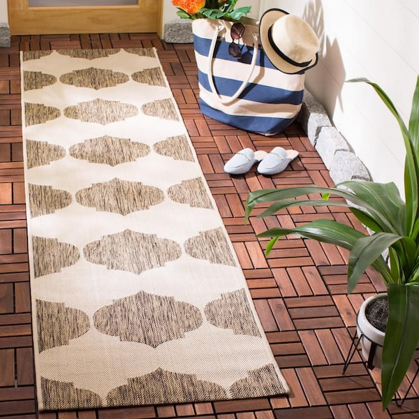 Courtyard Beige/Brown 2 ft. x 12 ft. Geometric Indoor/Outdoor Patio  Runner Rug