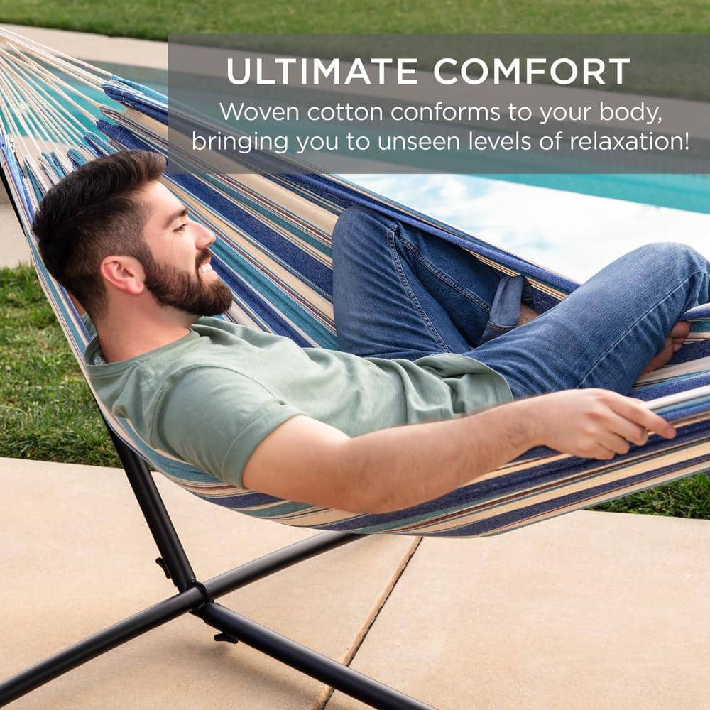 Ocean Blue Striped Cotton Double Hammock with Steel Stand