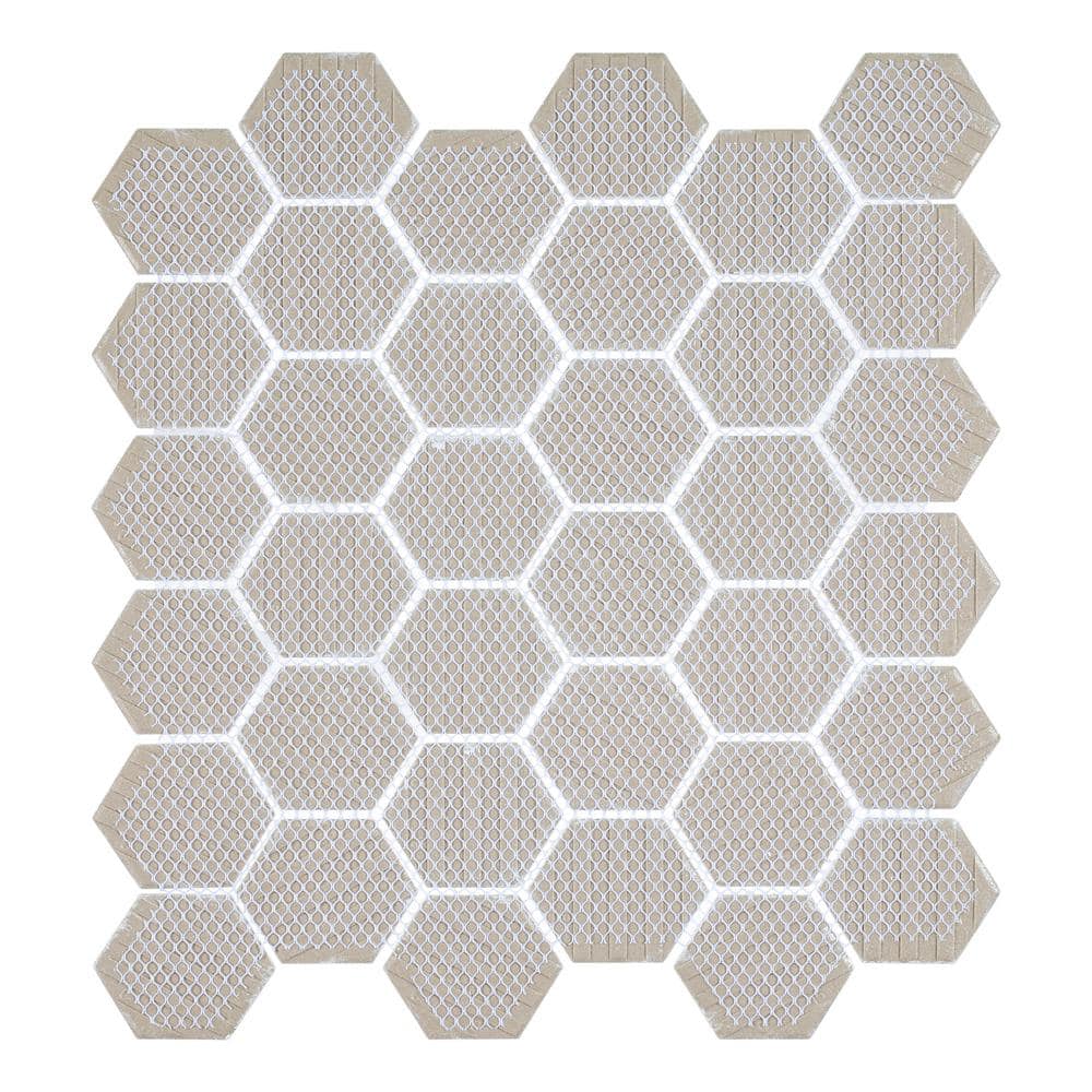 Stylish Hexagon 11 in. x 12.69 in. Glossy Whitle White Porcelain Marble Til