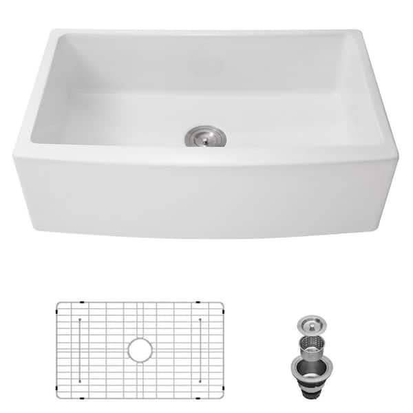 Sarlai 33 in. Apron-Front/Farmhouse Single Bowl White Ceramic Kitchen Sink with Bottom Grid & Drain Assembly