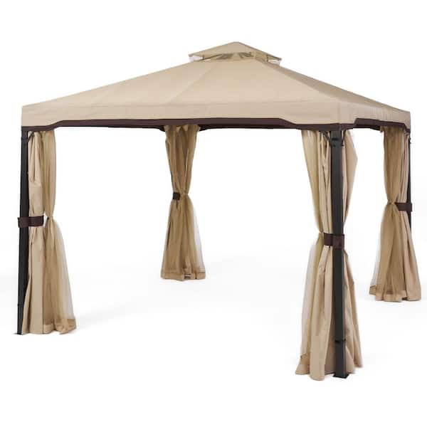 BANSA ROSE 10 ft. x 10 ft. Khaki Outdoor Gazebo with Mosquito Netting, Metal Frame Double Roof Soft Top Patio Gazebo Canopy Tent