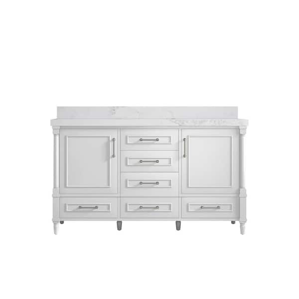 Willow Collections Hudson 60 in. W x 22 in. D x 36 in. H Single Sink Bath Vanity in White with 2 in. Calacatta Nuvo Quartz Top