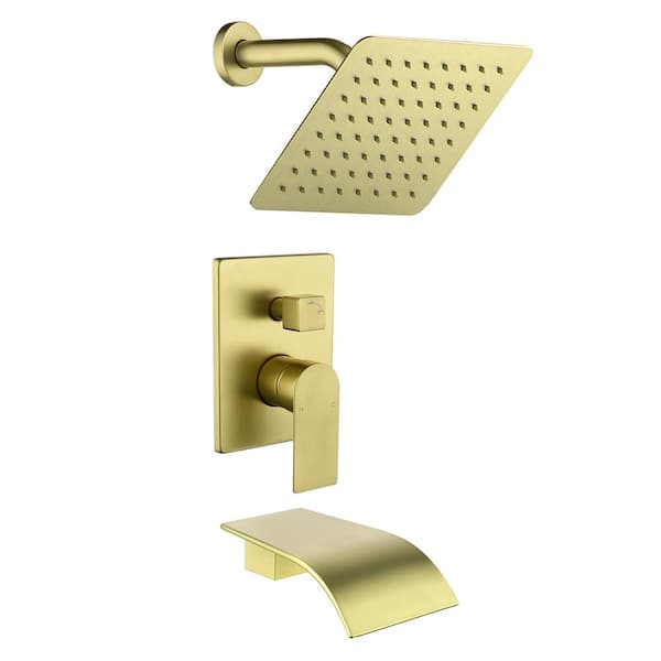 FORCLOVER Single Handle 1-Spray Waterfall Tub and Shower Faucet 2.5 GPM with 8 in. Rain Shower Head in Brushed Gold Valve Included