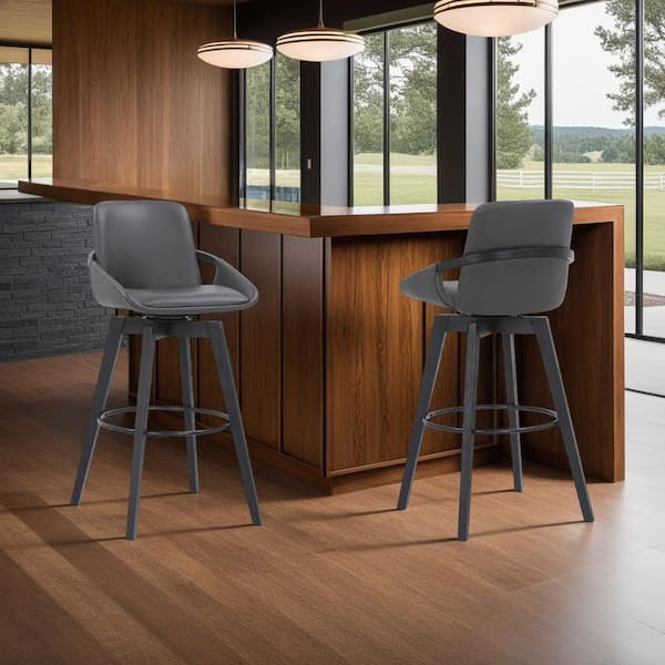 Armen Living Baylor 30" Bar Height Swivel Wood Stool in Gray Faux Leather