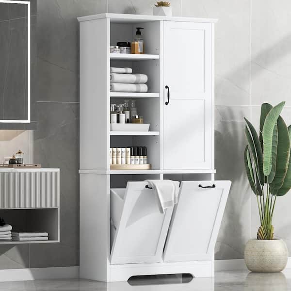 31 in. W x 14 in. D x 68 in. H White MDF Freestanding Linen Cabinet with Tilt-Out Drawer and Adjustable Shelf