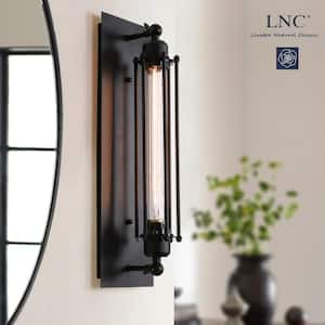 Modern Industrial Black Linear Wall Sconce, 1-Light Bathroom Vanity Light with Metal Wire Cage For Dry Areas Hallway