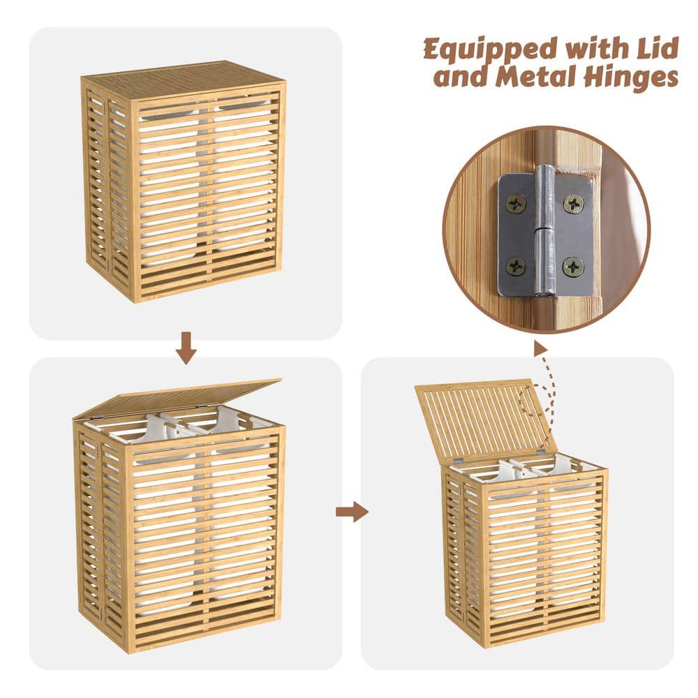 Natural Bamboo 2-Section Collapsible Laundry Hamper with Lid