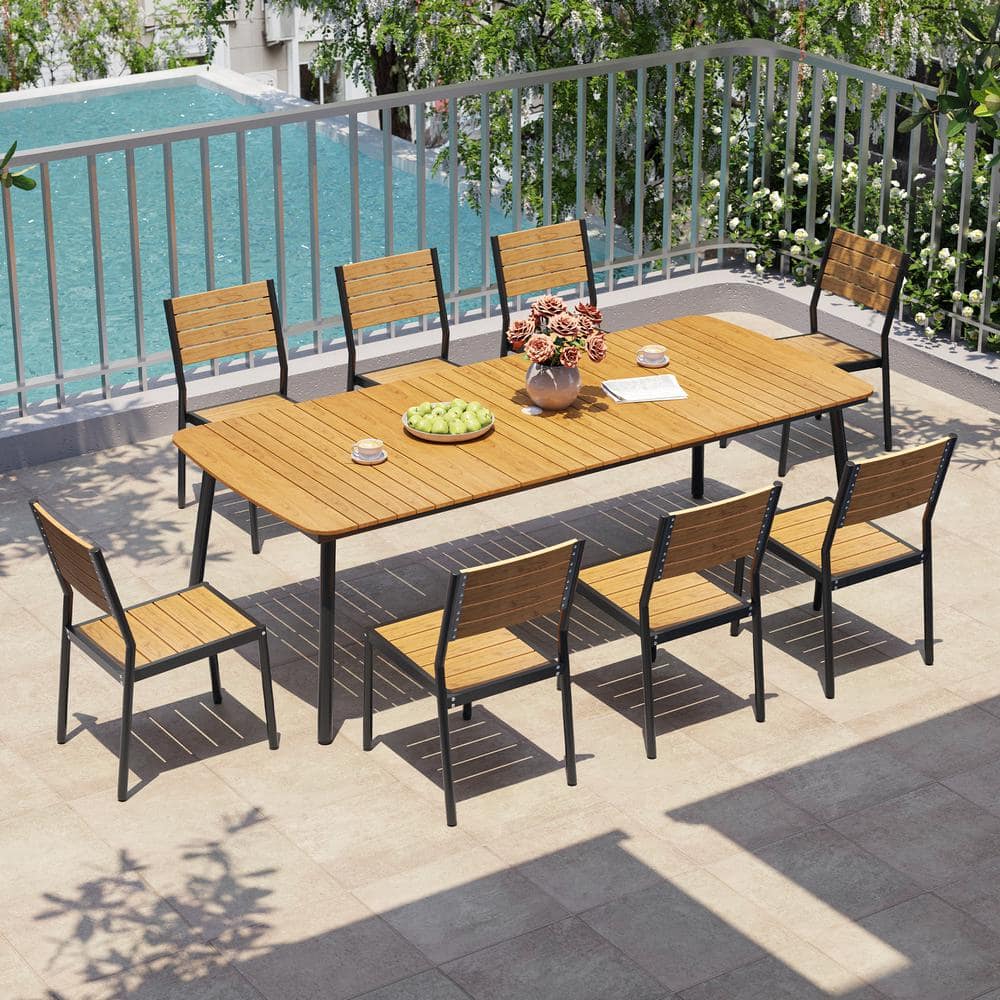 9-Piece Rustproof Aluminum Rectangle Patio Outdoor Dining Set with Slat Table and Stackable Chairs, Brown