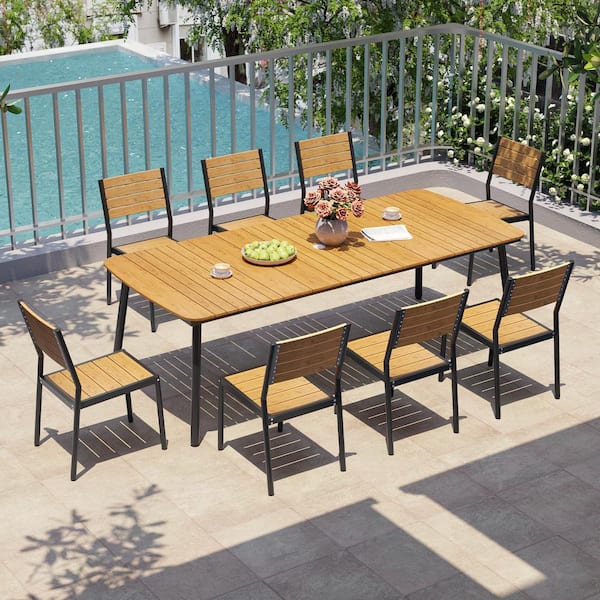 9-Piece Rustproof Aluminum Rectangle Patio Outdoor Dining Set with Slat Table and Stackable Chairs, Brown