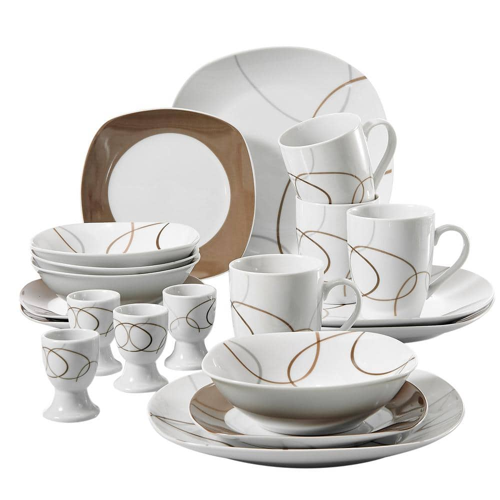 VEWEET Nikita 20-Piece White with Brown Lines Porcelain Dinnerware Set ...