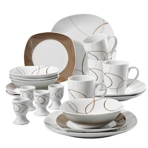 Nikita 20-Piece White with Brown Lines Porcelain Dinnerware Set (Service for 4)