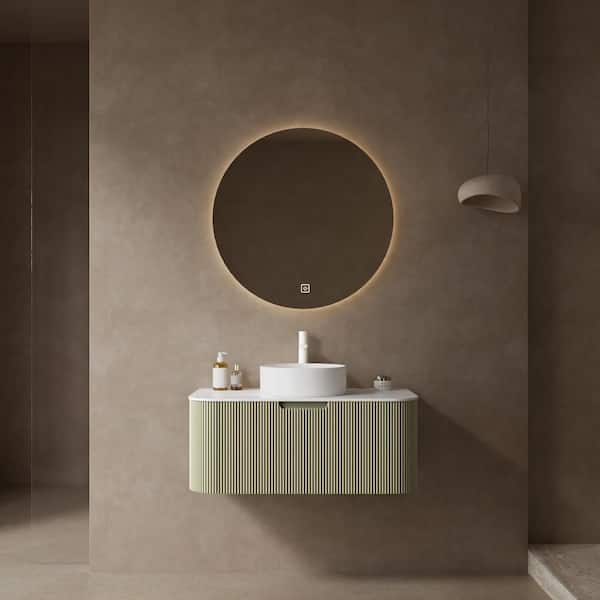 36 in. W Floating Single Sink Bath Vanity in Light Green with White Artificial Marble Top and Drawer, Pre-assembled