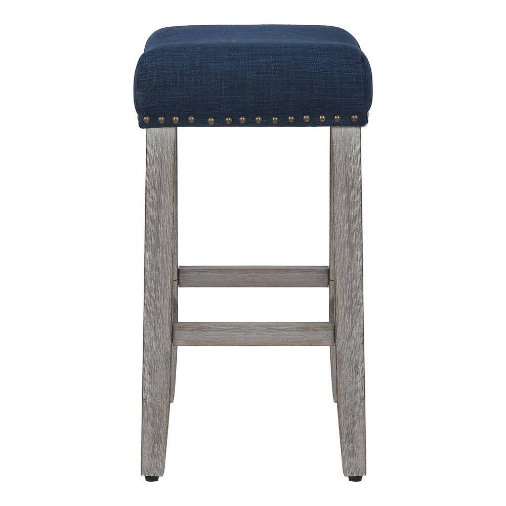 Navy Blue Upholstered Saddle Seat 24" Counter Stool with Nailhead Trim