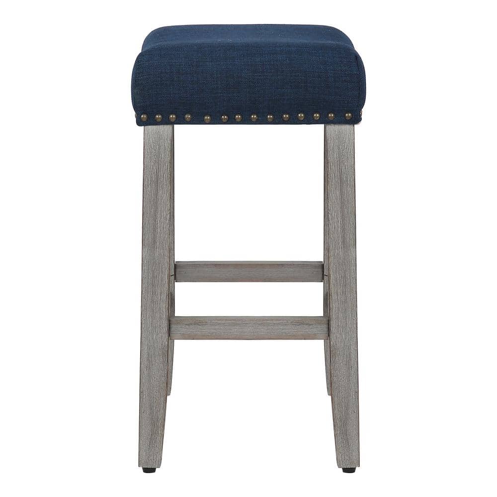 Antique Gray and Navy Blue Saddle Style Wood Bar Stool, 24"
