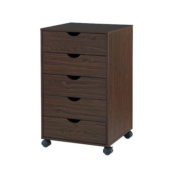Espresso 5 Drawer Chest, Wood Storage Dresser Cabinet with Wheels, Cra