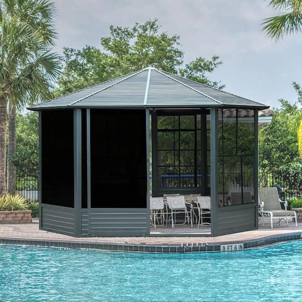 13 ft. x 13 ft.Sunroom Octagonal Solarium,Hardtop Gazebo Galvanized Steel Roof,Movable PE Screen,Lockable Sliding Door