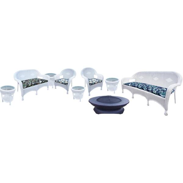 Unbranded White 9-Piece Wicker Patio Fire Pit Seating Set with Oatmeal Cushions