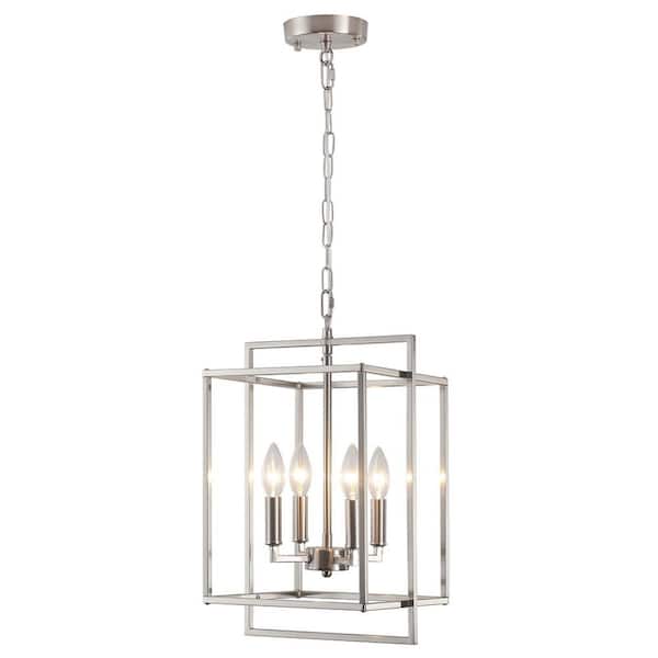 4-Light Nickel Farmhouse Chandelier with Metal Square Shade, Candlestick Chandeliers for Kitchen Island