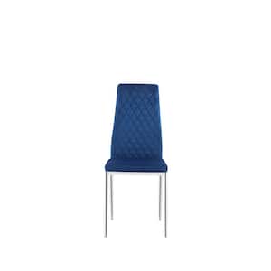 Modern Dark Blue Leather Upholstered Diamond Grid Pattern Dining Chair with Metal Legs (Set of 4)