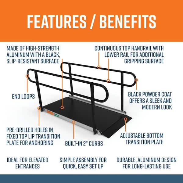 GATEWAY 3G 6 ft. Aluminum Solid Surface Black Wheelchair Ramp with Black 2-Line Handrails